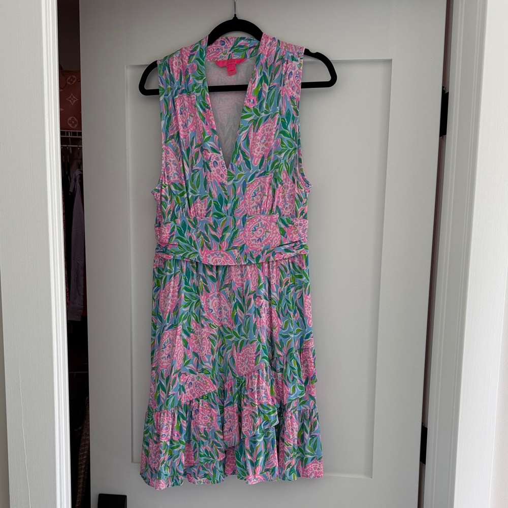 Lilly Sleeveless Floral V-Neck Sundress in Pink & Green
